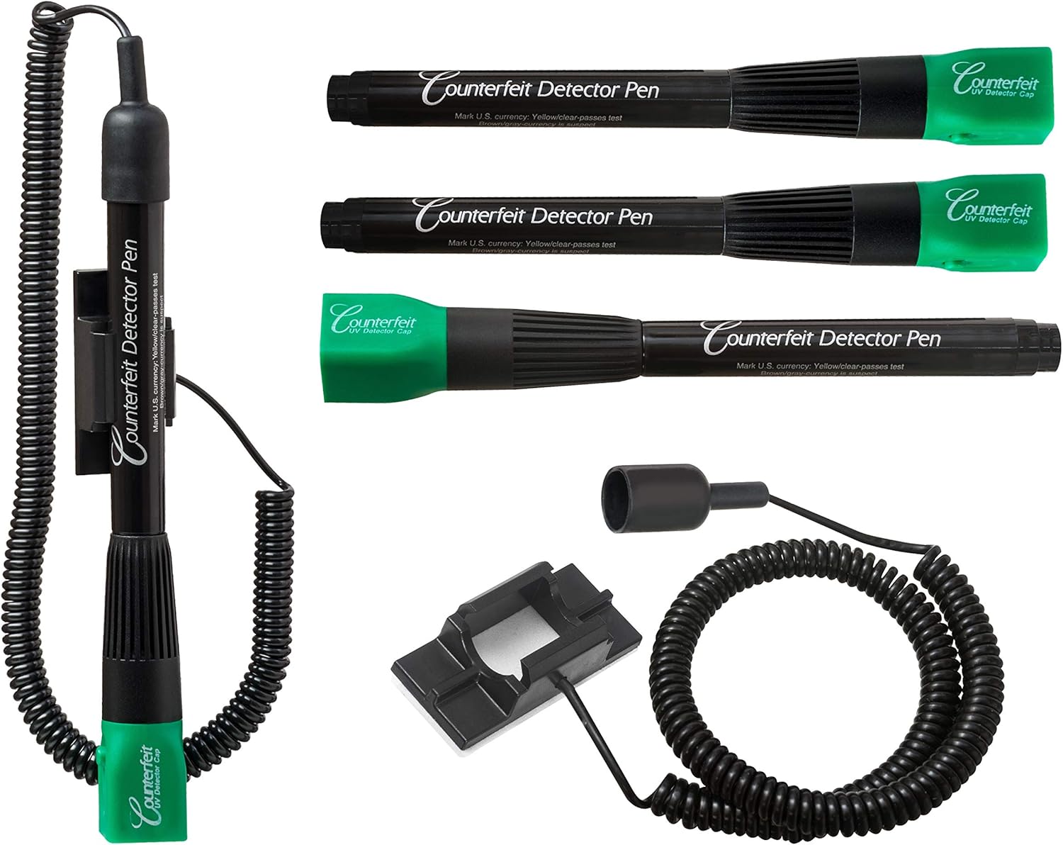 Dri Mark Dual Test - The Original Smart Money Pen with UV LED Cap Counterfeit Bill Detector System - 4 Dual Detectors UV Light/Pen Combinations Plus 2 Adhesive Holders with Coil : Office Products
