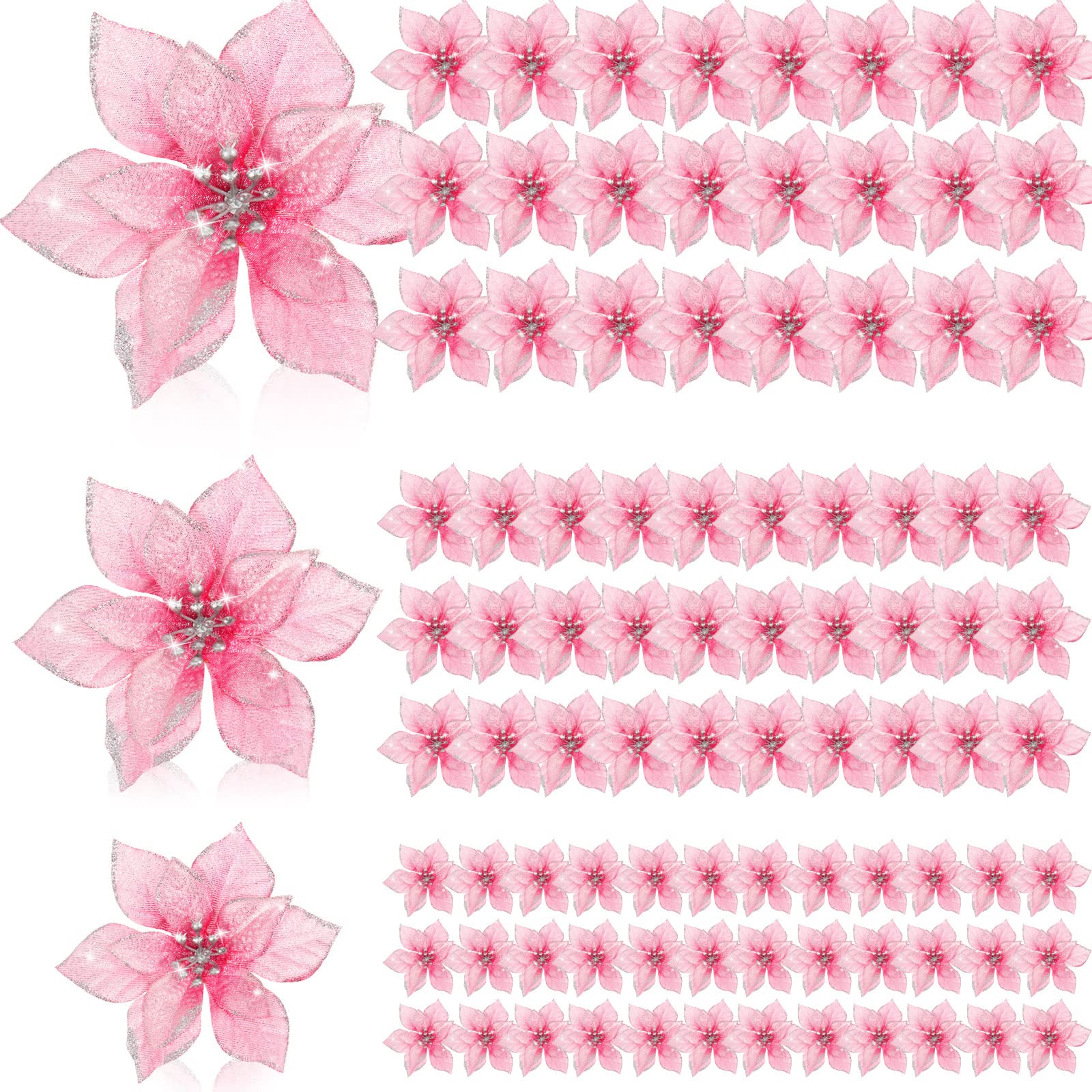 Geosar 100 Pcs 3 Size Christmas Poinsettia Flowers with Clips Glitter Artificial Flowers Small Christmas Tree Ornaments Faux for Xmas Party DIY Craft Wreath Garland New Year, 3/4/6 Inches(Pink)