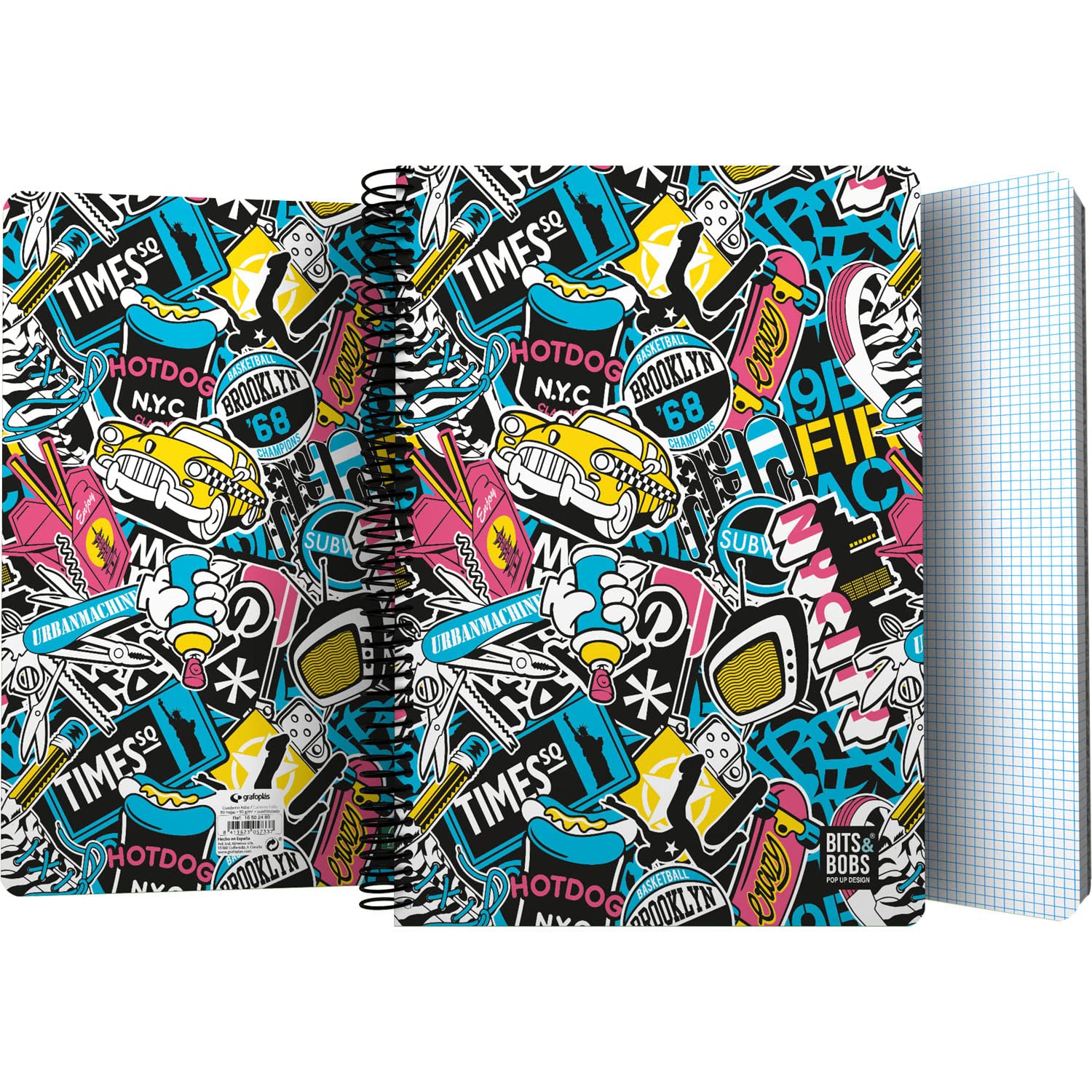 Grafoplás | Plastic Cover Notebook | 80 Squared Sheets 4x4 90 g | Folio Size | Spiral | Bits & Bobs Pop Up Design Collection | FSC Certified