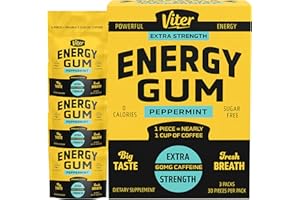 Viter Energy 60mg Caffeine Gum (Peppermint Flavor, 30 Pieces, 3 Pack) - Sugar Free, Vitamin B3, B6, B9, B12, Zero Calories, Caffeinated Energy Chews, Nootropic Focus Supplement for Men & Women