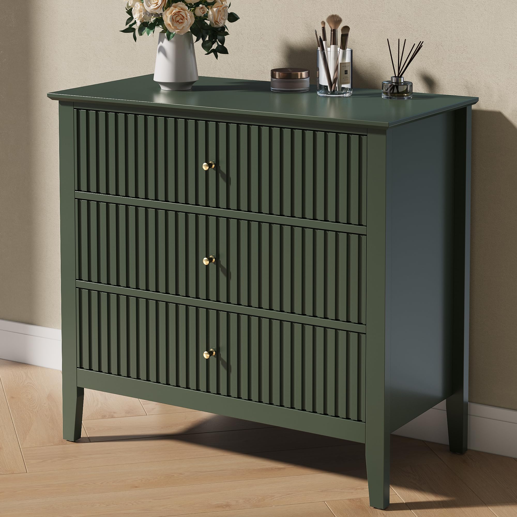 RoyalCraft Fluted 3 Drawer Dresser, 32 inch Wide Dresser Nightstand for Bedroom, Modern Wood Chest of Drawers, Large Painted Nightstand with 3 Drawers for Closet, Hallway, Entryway, Dark Green
