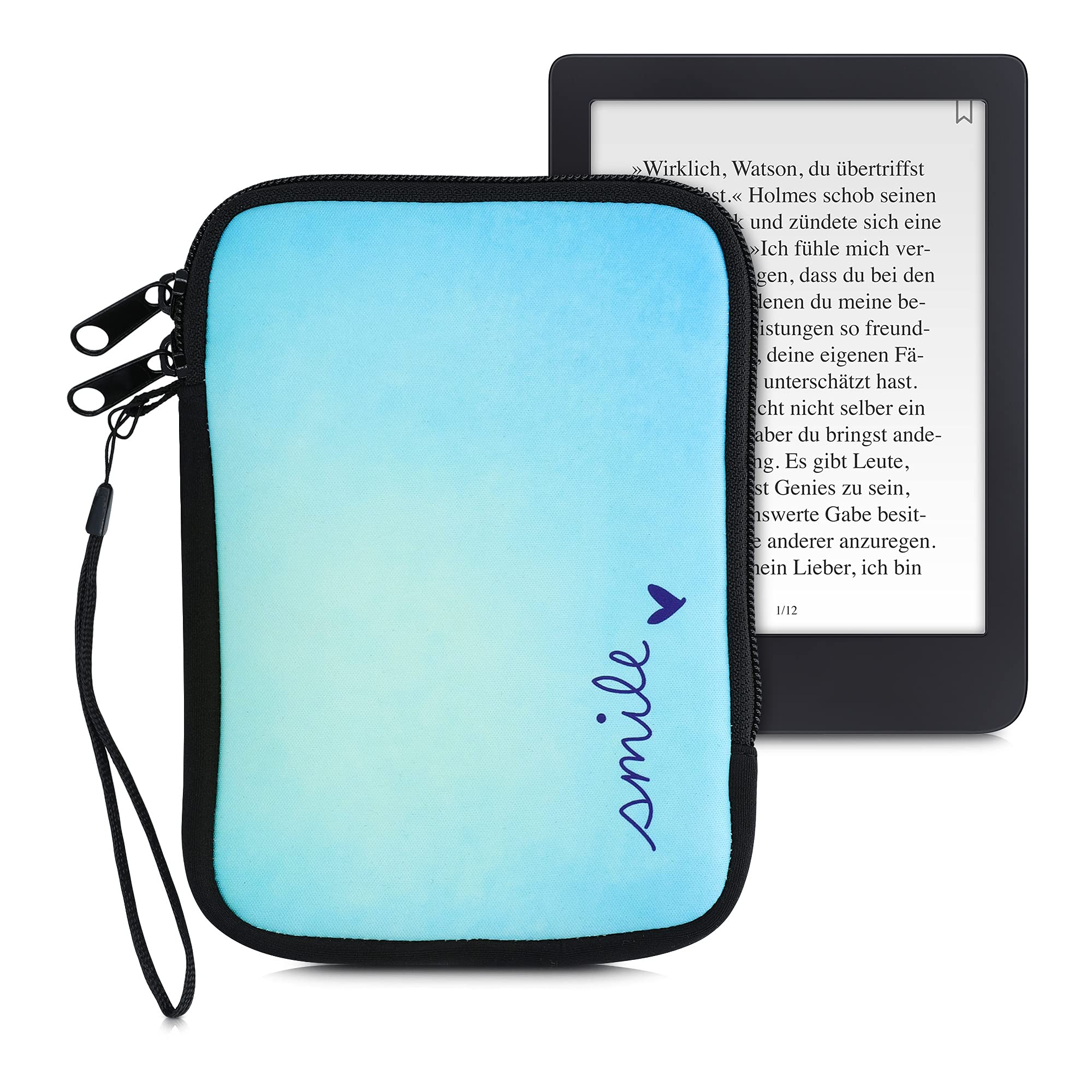 kwmobile Neoprene e-Reader Pouch Size 6" eReader - Universal eBook Sleeve Case with Zipper, Wrist Strap - Blue/Turquoise