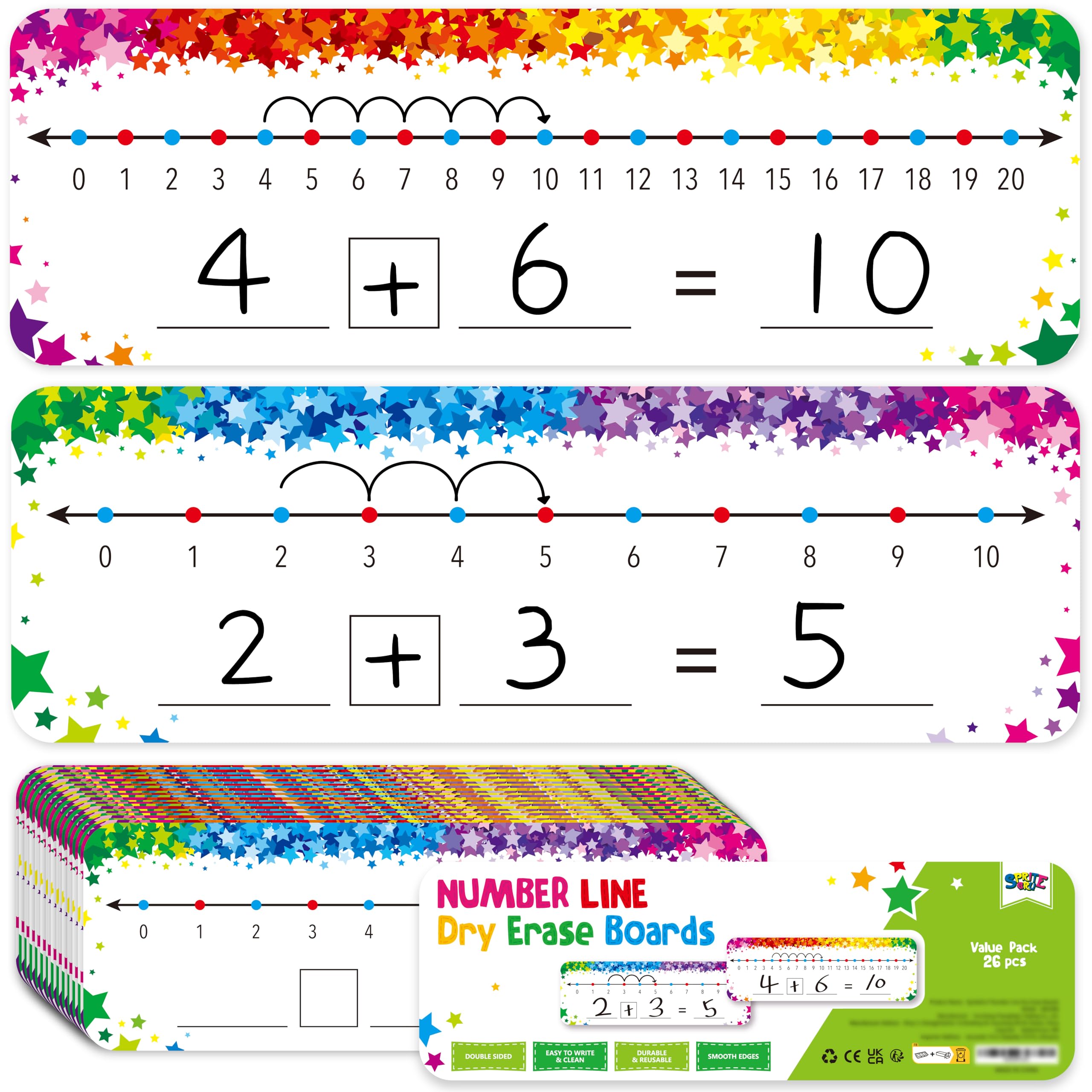 26 PCS Number Line Dry Erase Boards, Writable and Erasable Double Sided Board-0-10 on One Side & 0-20 on Other Side Math White Board for Kids, Students, Classroom and Home (12” x 4”, Colorful Stars) — image 1