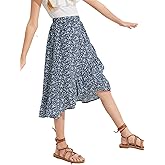 OYOANGLE Girl's Boho Chiffon Floral Print Ruffle Hem Asymmetrical Elastic High Waist Flowy Midi Skirt
