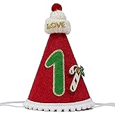 GORNZX Christmas 1st Birthday Party Hat, Red Cone with Green Number 1, White Pom Pom and Candy Cane Decoration