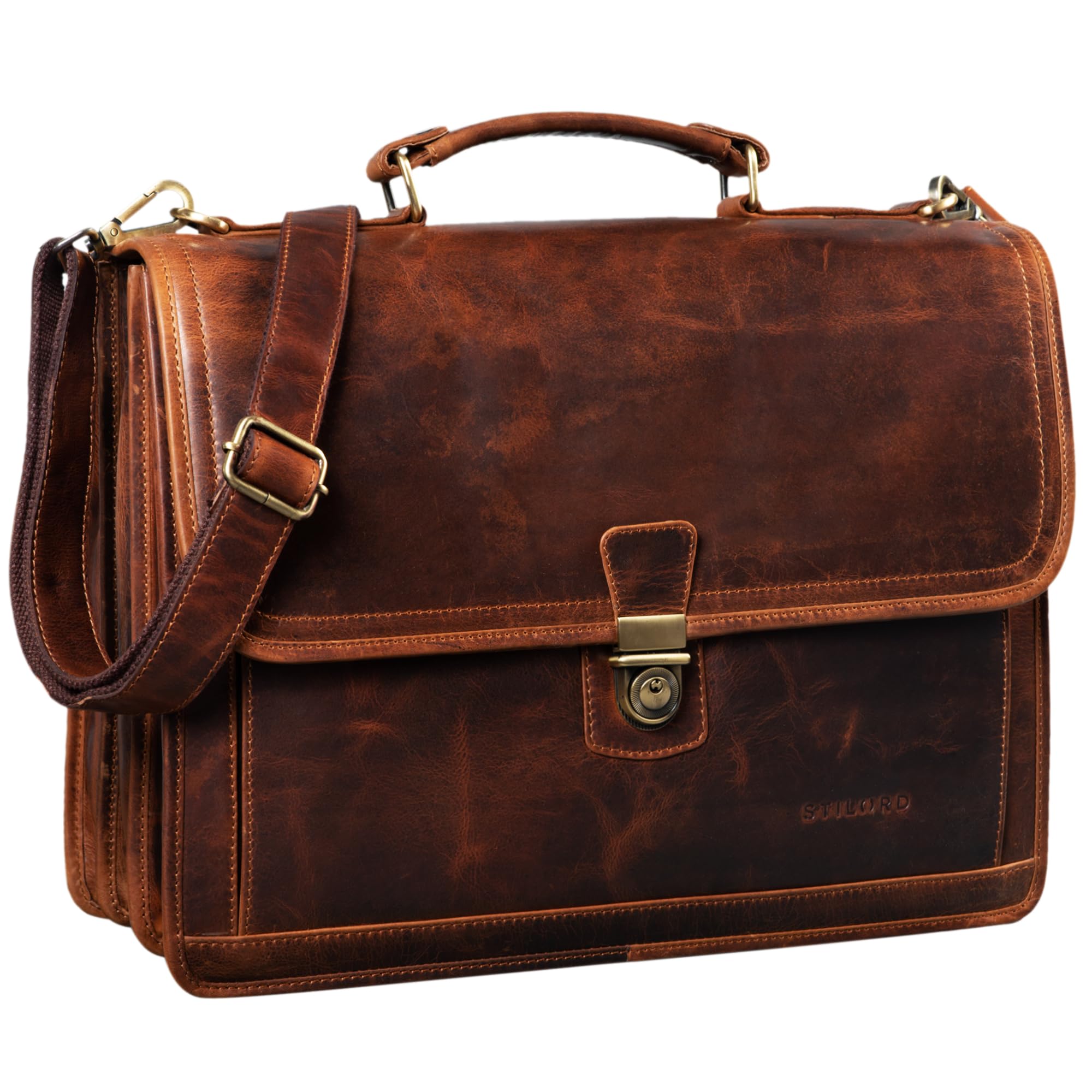 STILORD "Thaddäus" Vintage Briefcase Shoulder Bag Leather Large Business Bag with Laptop Compartment Lock and Key Colour:Kara - Cognac