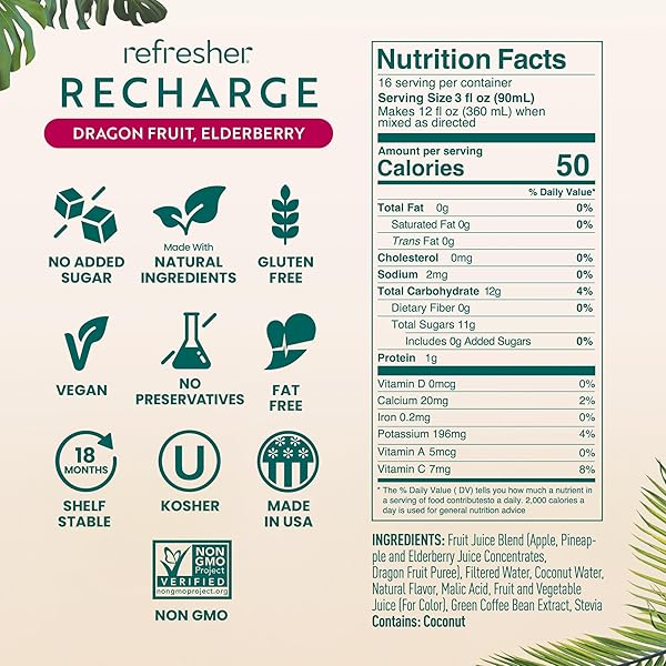 SMARTFRUIT RECHARGE REFRESHER – DRAGON FRUIT, ELDERBERRY – MADE WITH REAL FRUIT JUICE, NO ADDED SUGAR, COCONUT WATER FOR HYDRATION, GREEN COFFEE BEAN EXTRACT FOR NATURAL ENERGY – 48OZ DRINK MIX