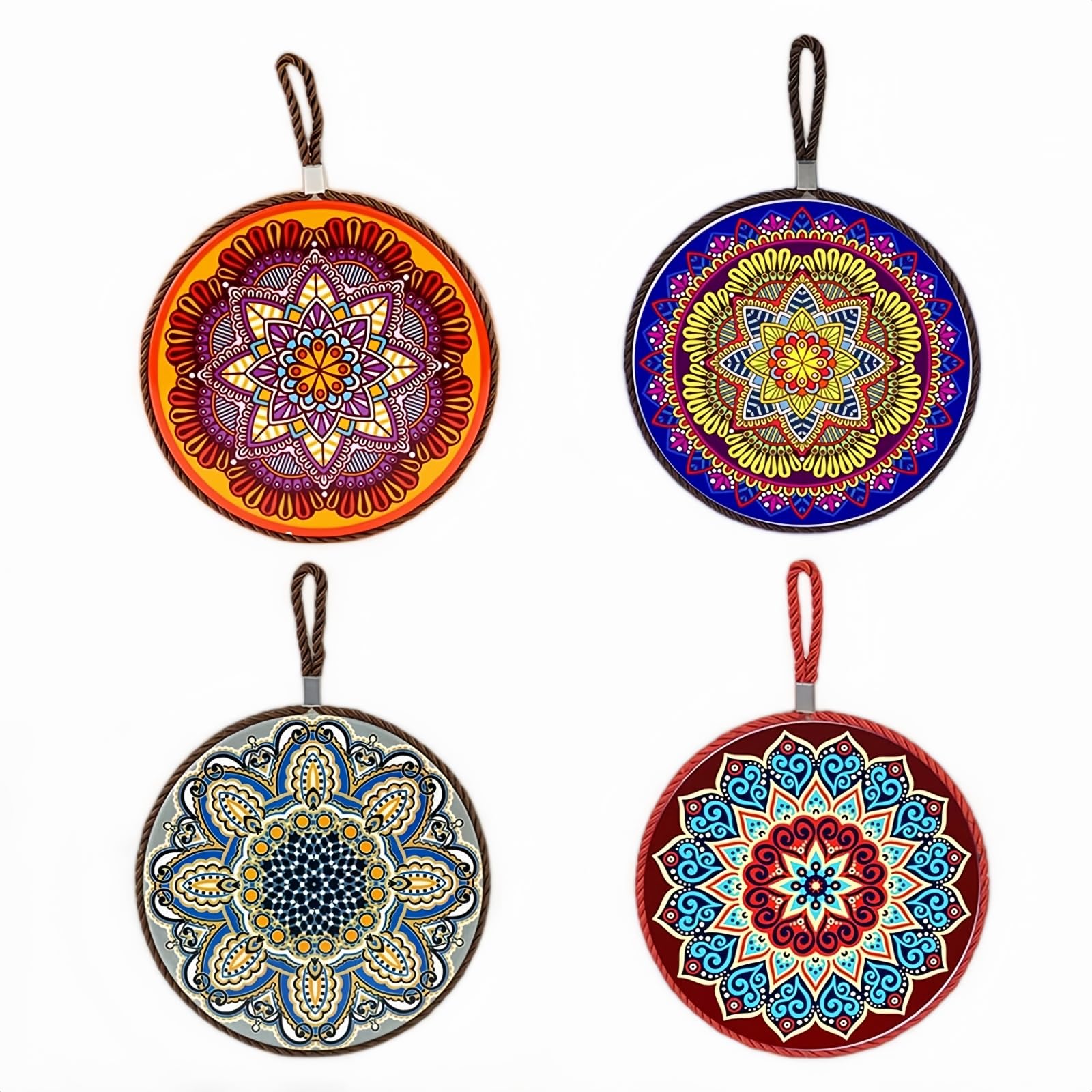 Alihoo Trivet, Set of 4 Ceramic Coasters for Hot Dishes, Pots and Pans, Coasters, Mat, Decorative Insulation Pads in Retro Pattern, Diameter 17 cm (Mandala)