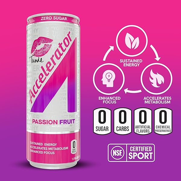 ACCELERATOR ACTIVE ENERGY DRINK SUGAR FREE ZERO CARBS, PASSION FRUIT TUNDE 12OZ CAN(12 PACK) ENHANCED FOCUS & SUSTAINED ENERGY FROM 100% NATURAL CAFFEINE (200MG), ASHWAGANDHA, COQ10 & GREEN TEA EXTRACT