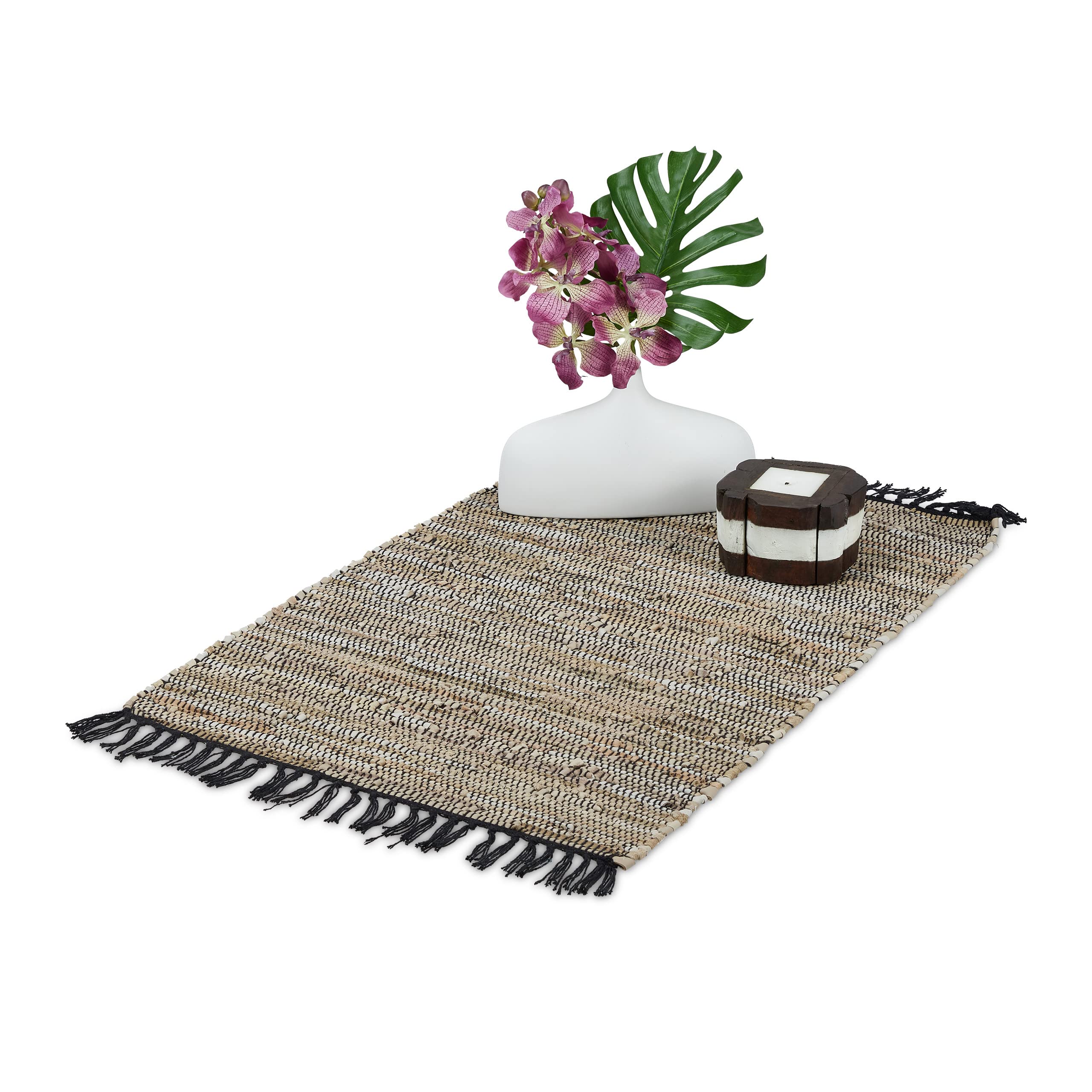 Relaxdays Leather & Cotton Runner Rug, Carpet with Fringes, Non-Slip, Decor for Living Room, Bedroom or Hallway, Grey, Real, 60 x 110cm