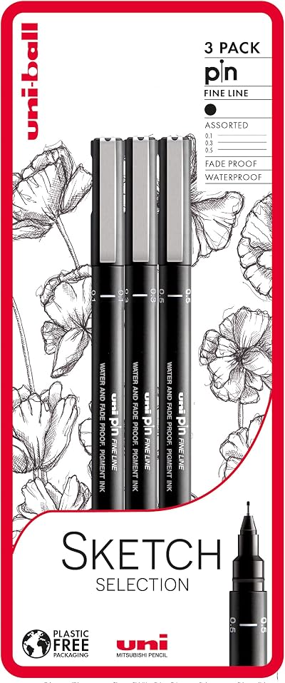 uni-ball PIN Fineliners Black Fine Tip Writing Pens Pack of 3