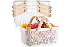 Sadnyy 4 Pcs Plastic Mesh Garden Harvest Basket Storage Basket with Wooden Handle Multi Functional Mesh Bin for Kitchen Cabinet Picnic Fruit Vegetable Gathering Organizer(Large,White)