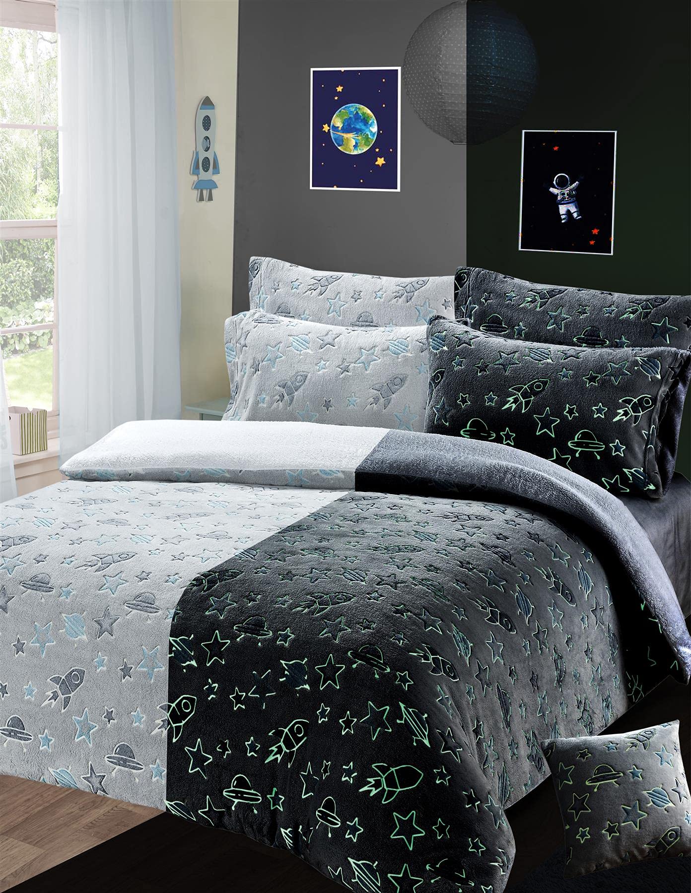Olivia Rocco Glow In The Dark Teddy Fleece Duvet Cover Sets Soft Warm Kids Bedding Childrens Quilt Covers Set, Outer Space Single
