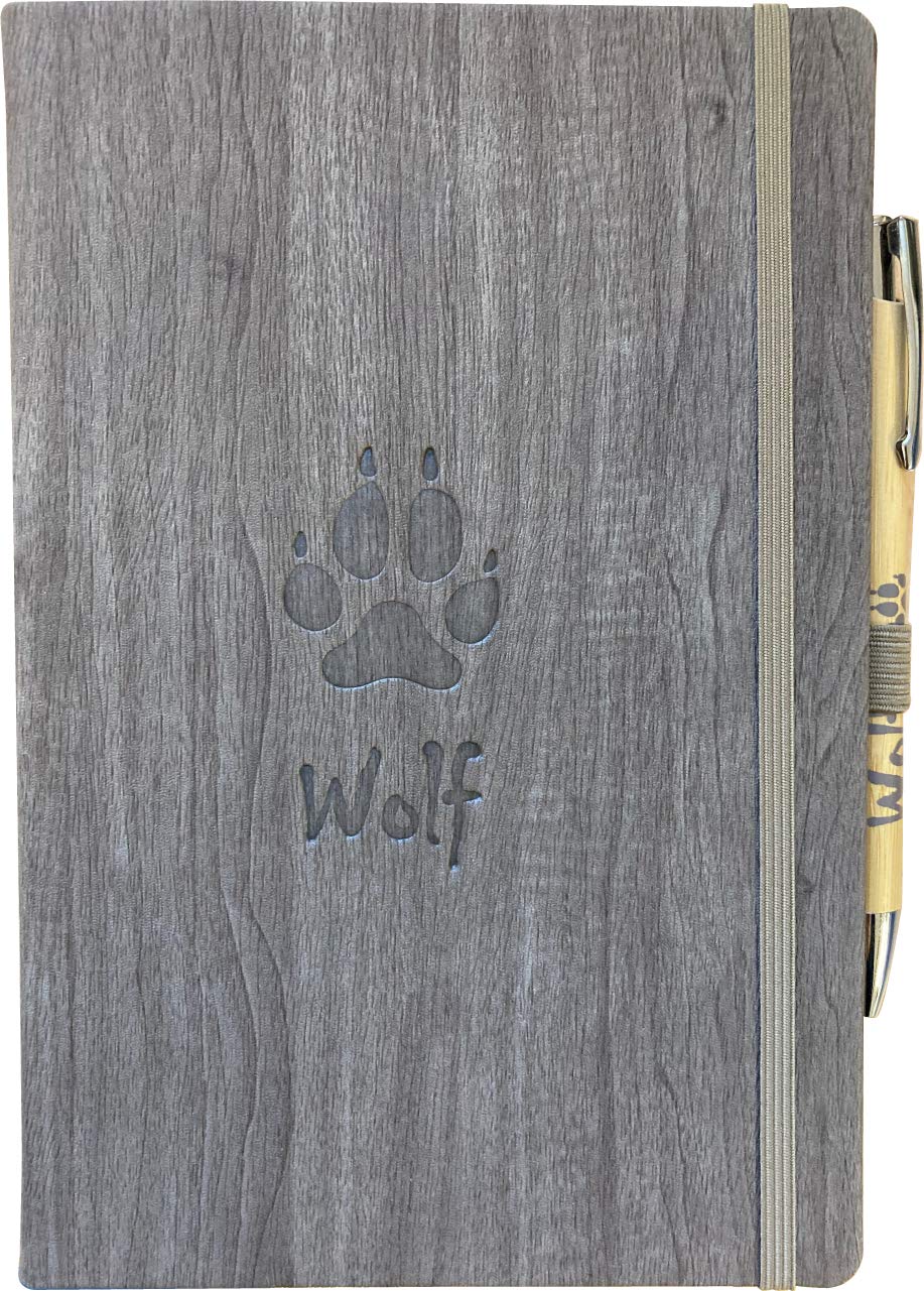 Wolf Notebook A5 with Wolf Footprint and Bamboo ballpen. 80gsm Cream Lined Paper, Elastic Enclosure and Ribbon Marker.