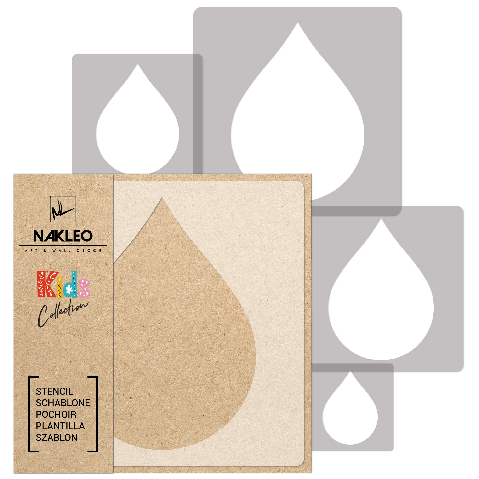 NAKLEO Painting Stencils Set for Nursery Room, 5 Pcs Templates 9x9 to 34x34cm Drop Tear Water, Plastic and Reusable Drawing Stencils, Decor, Craft DIY Wall Furniture
