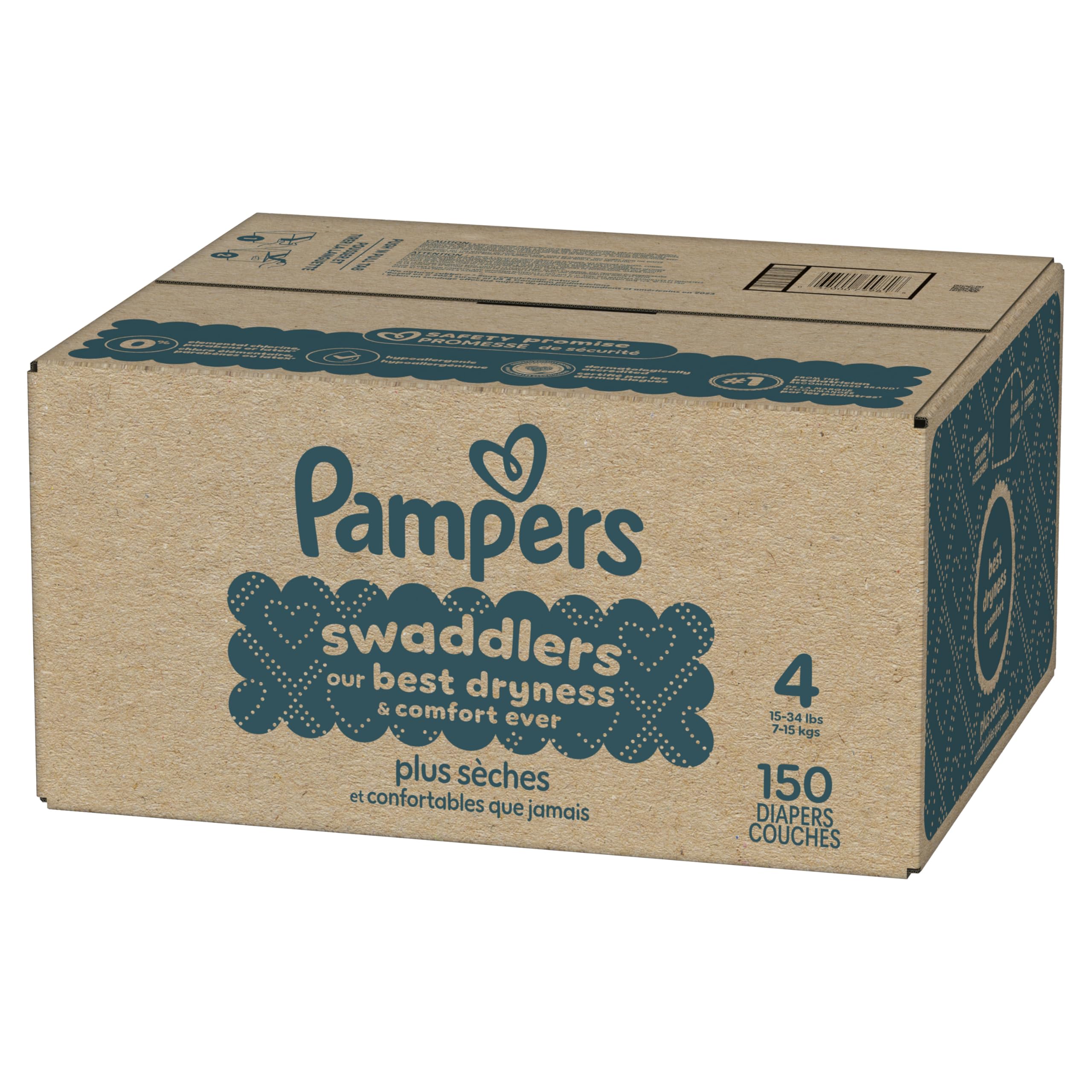 Pampers Swaddlers Diapers, Size 4 (15-34 lbs), 150 Count, Absorbent, Keeps Baby Dry and Comfortable, Skin Safe Disposable Baby Diaper (Packaging May Vary)
