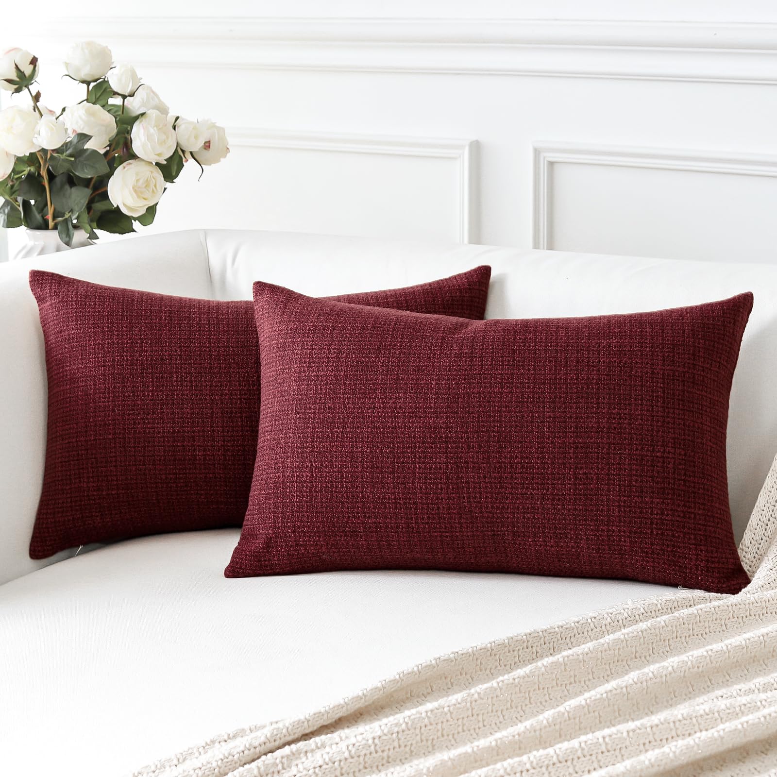 OTOSTAR Linen Throw Pillow Covers Set of 2 Decorative Square Pillowcases Cushion Covers 16x24 Inch for Home Decor Sofa Bedroom Car 40 x 60 CM Wine Red