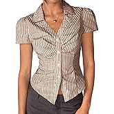 Y2K Women Striped Button Down Shirt Sexy V-Neck Turn Down Collar Puff Sleeve Casual Work Slim Short Blouses