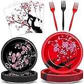 96Pcs Hibachi Party Decorations Chinese Japanese Cherry Blossom Tableware Sets Cherry Flowers Party Plates and Napkins for Hibachi New Year Spring Festival Wedding Supplies for 24 Guests