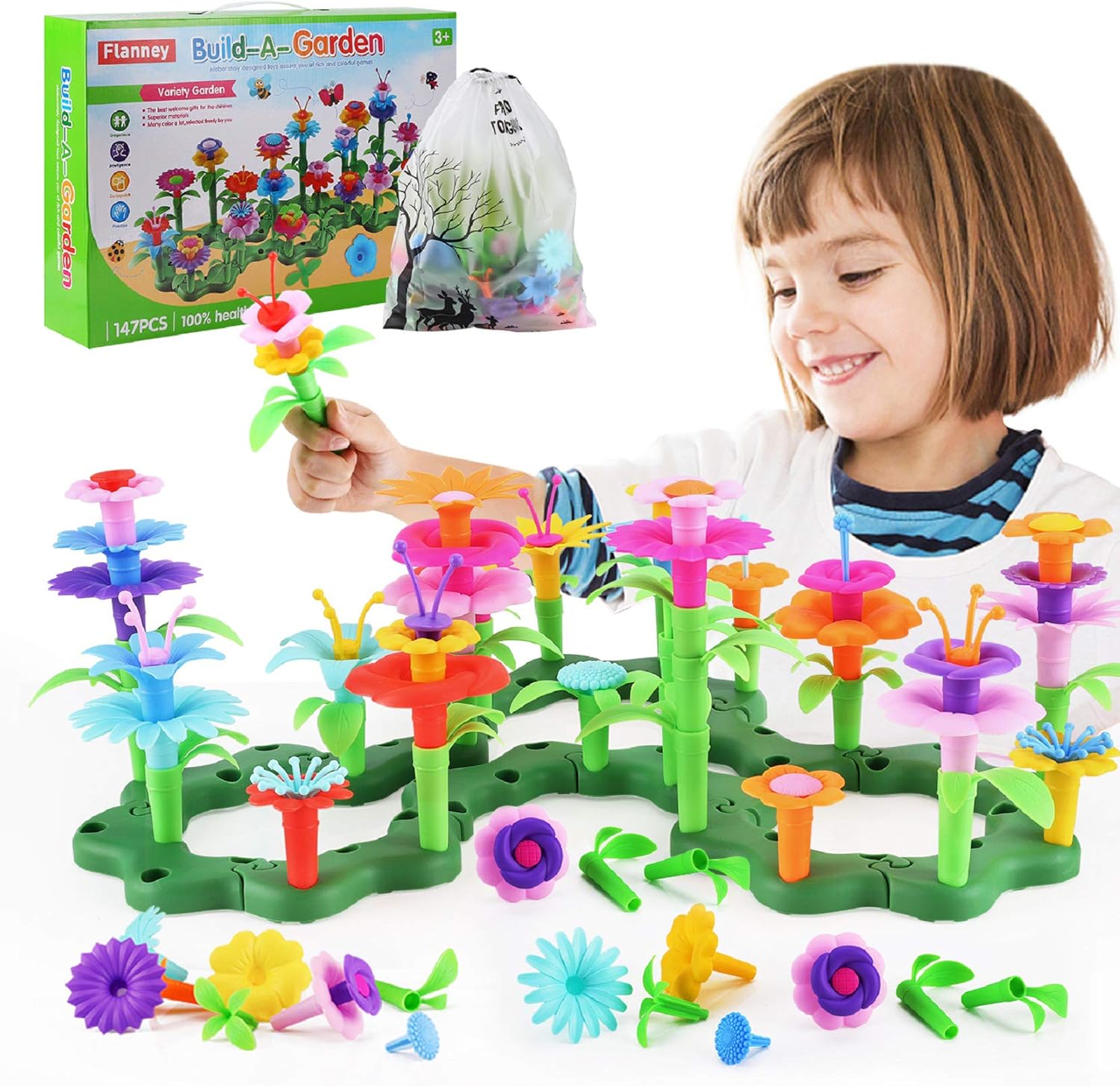 Flanney Flower Garden Building Toys, 147 Pcs Vibrant Colors DIY Floral Bouquet Arrangement, Assembly Garden Playset, Creative Educational Toy Gift for 3, 4, 5, 6 Year Old Girls Boys (with Storage Bag)