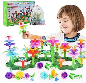 Flanney Flower Garden Building Toys, 147 Pcs Vibrant Colors DIY Floral Bouquet Arrangement, Assembly Garden Playset, Creative Educational Toy Gift for 3, 4, 5, 6 Year Old Girls Boys (with Storage Bag)