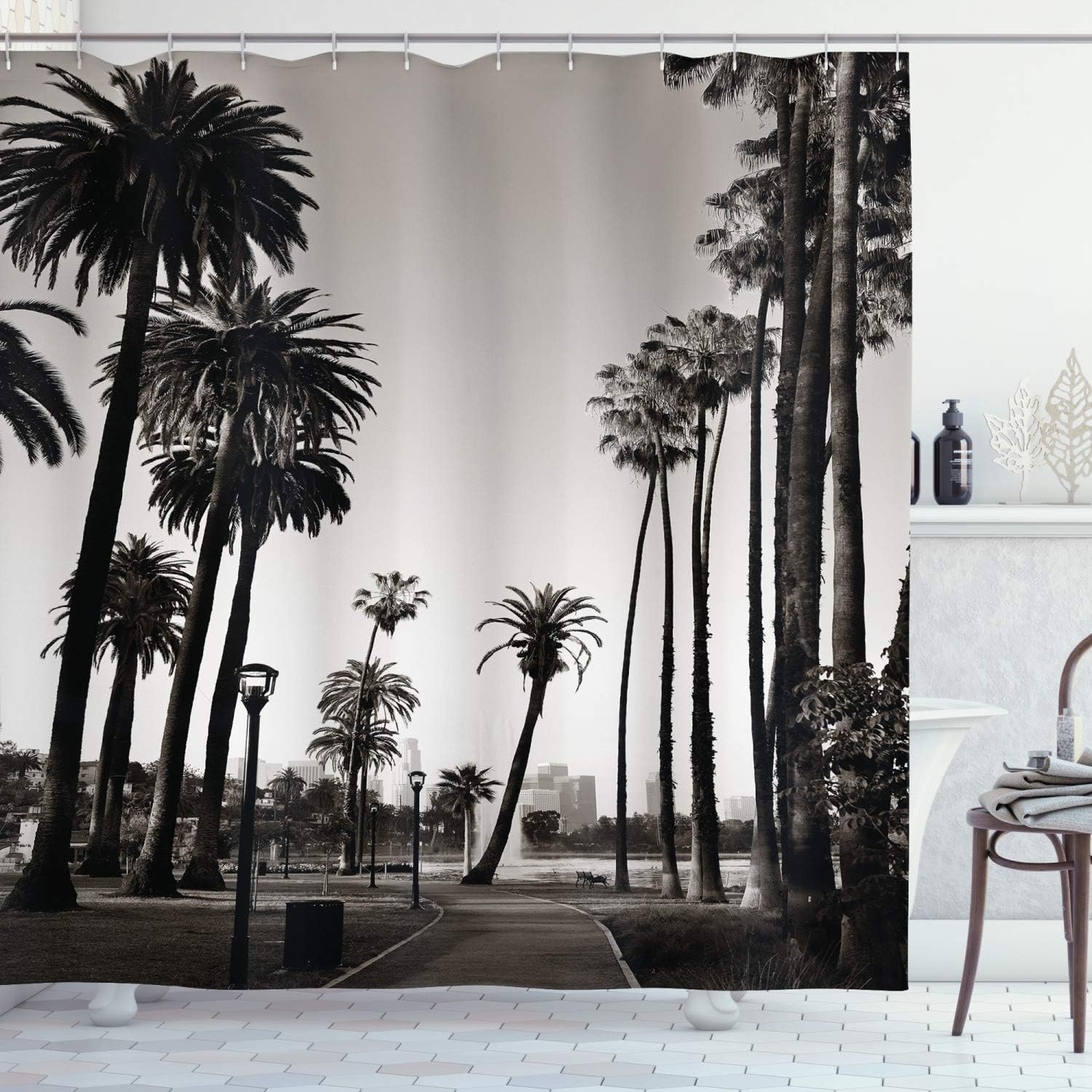 ABAKUHAUS Palm Tree Shower Curtain, Los Angles Downtown Park View Tropical Nature California American Landmark, Cloth Fabric Bathroom Decor Set with Hooks, 78 Inches, Dark Brown White