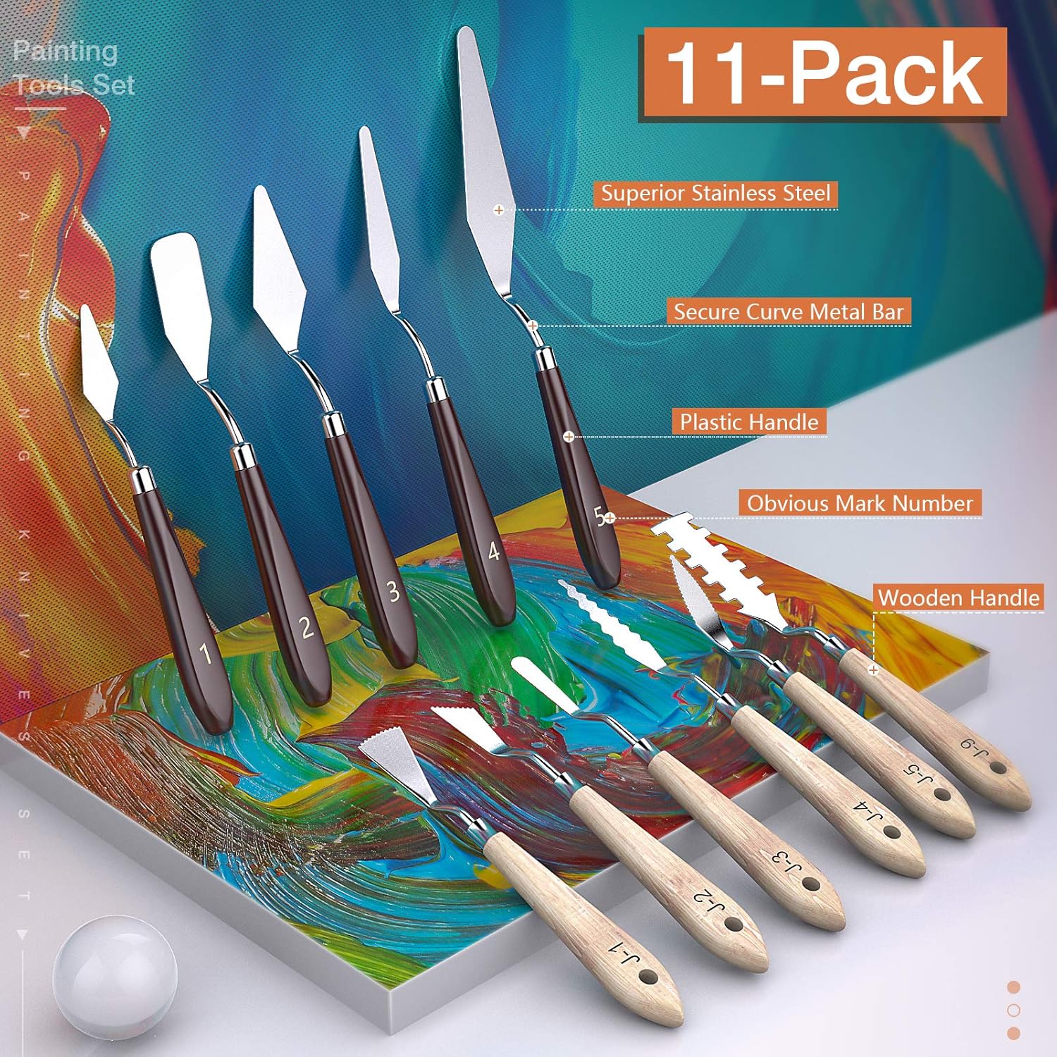 TiMOVO Painting Knives Set [11Pcs] Stainless Steel Palette Knives Spatula Color Mixing Scraper for Oil, Canvas, Acrylic Art Tools with Wooden Handles & Different Blade Shapes and Sizes