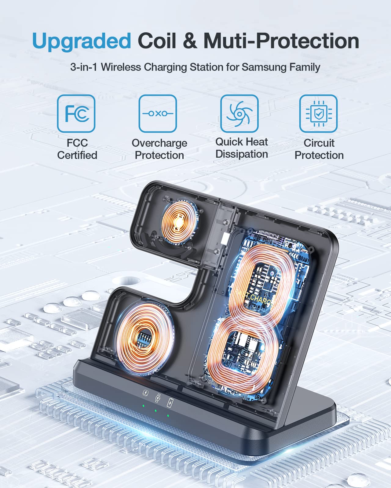 Wireless Charger for Samsung, Metmoon 3 in 1 Samsung Charging Station for Galaxy S23 S22 S21 S20 Ultra Plus/Z Flip Fold 5 4 3/Note 20, Galaxy Watch 5 Pro/5/4/3/Active 2/1, Buds+/Pro/Live(With Adapter)