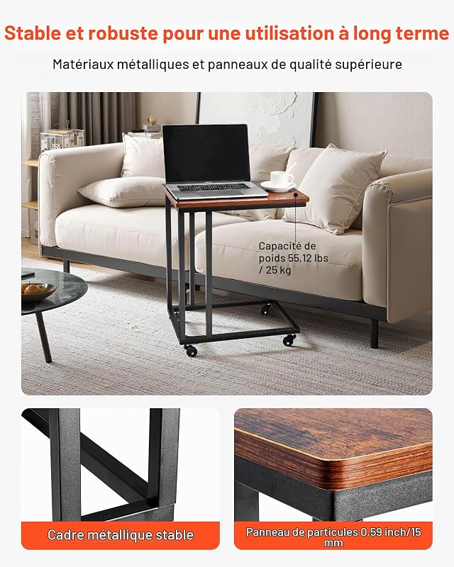 Table d'appoint mobile en forme de C, bouts de canapé avec cadre en métal et roulettes, support d'extrémité portable 500 x 350 x 605 mm, table basse pour salon, chambre à coucher, bureau, marron