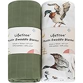 LifeTree Muslin Swaddle Blankets, Baby Swaddling Wrap Nursery Receiving Blanket for Boys & Girls, 70% Viscose from Bamboo and 30% Cotton, Large 47 x 47 inches Mallard Duck/Olive Green