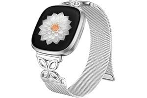 JKD Floral Design Metal Band Compatible with Fitbit Versa 4 /Fitbit Sense 2 /Fitbit Versa 3 /Fitbit Sense Bands for Women Men, Soft Breathable Stainless Steel Mesh Strap for SmartWatch Replacement