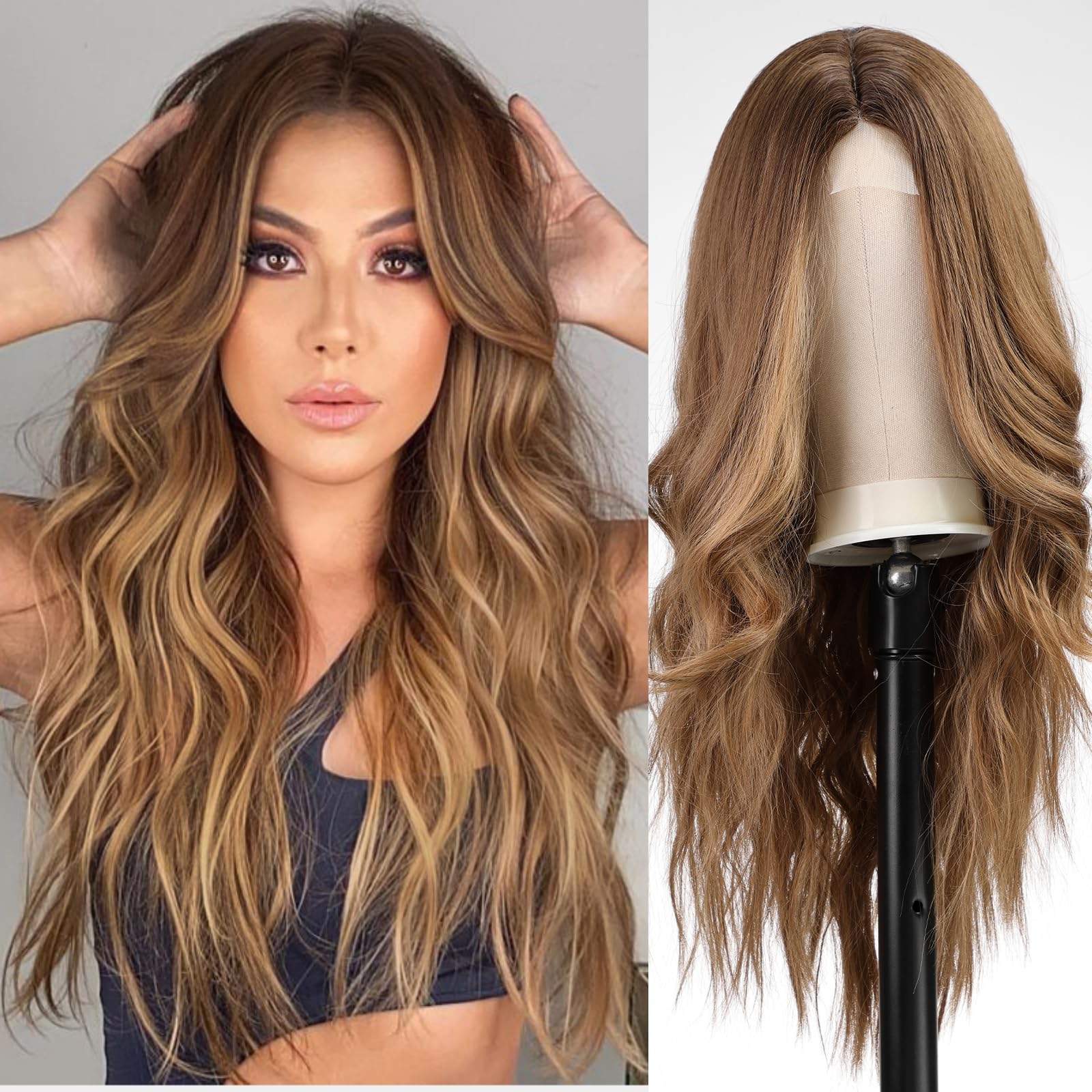 WOKESTAR Long Brown Wavy Wigs for Women Synthetic Wig for Party — image 1
