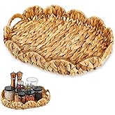 Wicker Scalloped Tray Water Hyacinth Basket Serving Trays with Handles Rattan Woven Decorative Desk Organizer Tray for Home Decor Living Room Coffee Tables Bathroom