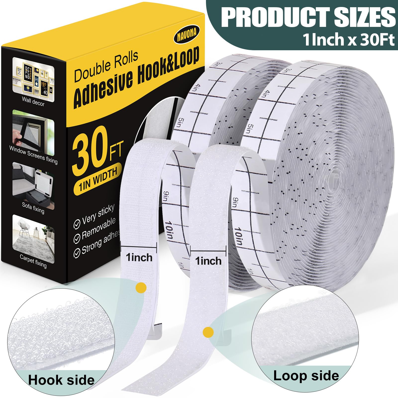 Navona 30Ft x 1 Inch Hook and Loop Strips with Adhesive – 2 Rolls Heavy Duty Hook and Loop Tape with Backing for Home, Office, School, and Crafting Projects, White