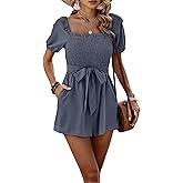 CCTOO Womens Rompers Smocked High Waist Ruffle Sleeves Short Outfits Jumpsuits with Belt