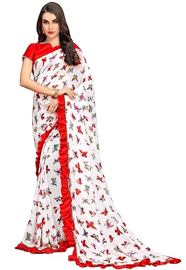 Womens Georgette Saree With Blouse Piece (ruffle_saree_printed102_red_Red)