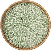 StorageWorks Decorative Coffee Table Trays for Home Decor, Round Rattan Tray with Mother of Pearl Inlay, Small Wicker Woven Serving Tray Decor for Kitchen Counter, Living Room and Ottoman, Green