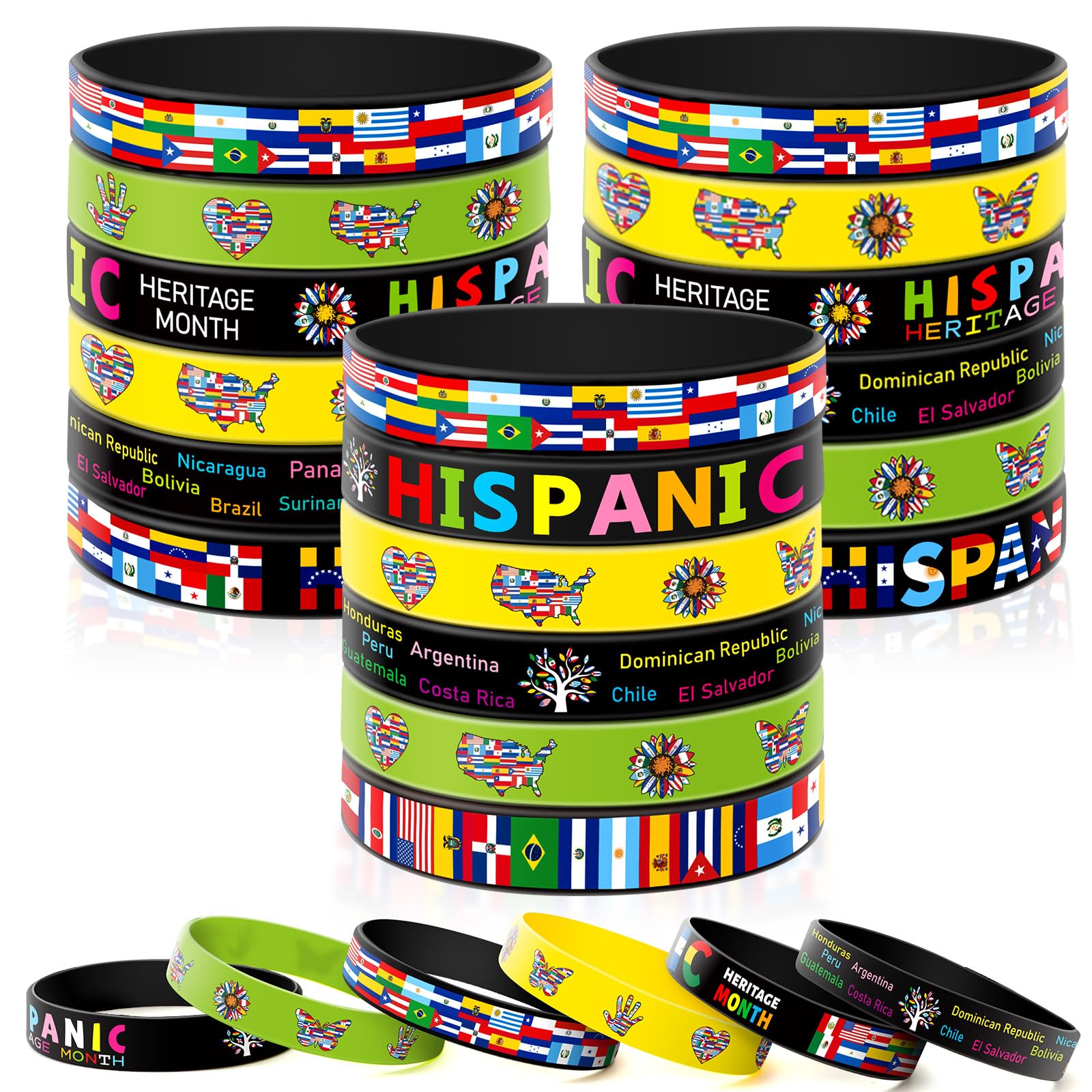 JUNEBRUSHS 42pcs Hispanic Heritage Month Silicone Wristband Bulk, Countries Flags Rubber Bracelets for Country Flag Theme Party Favors Student Rewards Classroom Stationery Handout Supplies