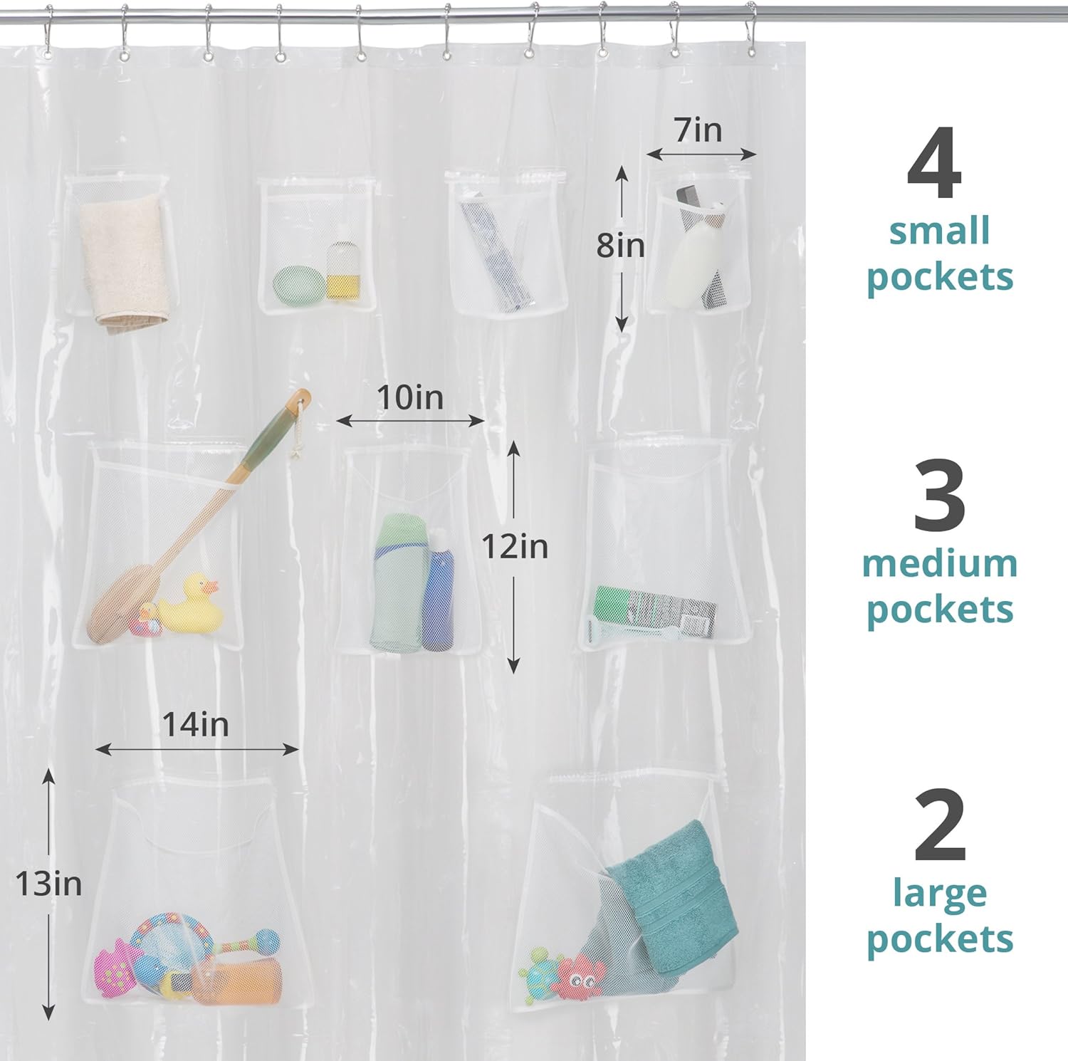 Maytex Quick Dry Mesh Pockets Waterproof PEVA Shower Curtain or Liner, Bath / Shower Organizer, Clear, 70 inches x 72 inches: Home & Kitchen
