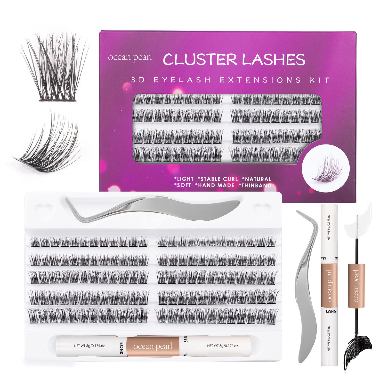 Ocean Pearl Cluster Lashes Kit 120PCS Lashes Individual Cluster 10-16mm DIY Lash Extension Kit Natural Eyelash Clusters Thin Band False Eyelashes Lash Clusters Kit with Bond and Seal-DM23