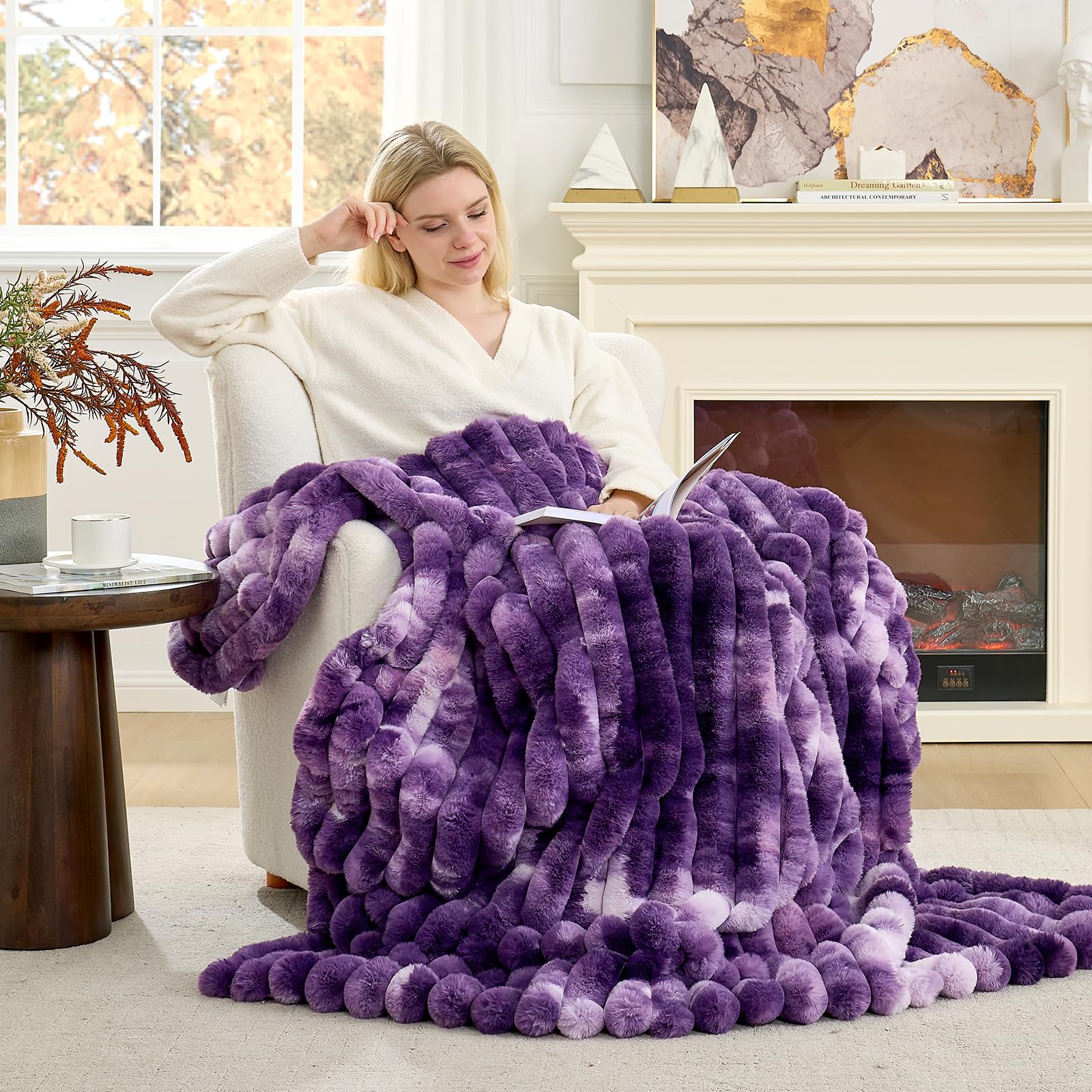 Cozy Bliss Faux Fur Throw Blanket for Couch, Cozy Warm Plush Striped Blanket for Sofa Bedroom Living Room, 60 * 80 Inches Tie-dye Purple Image