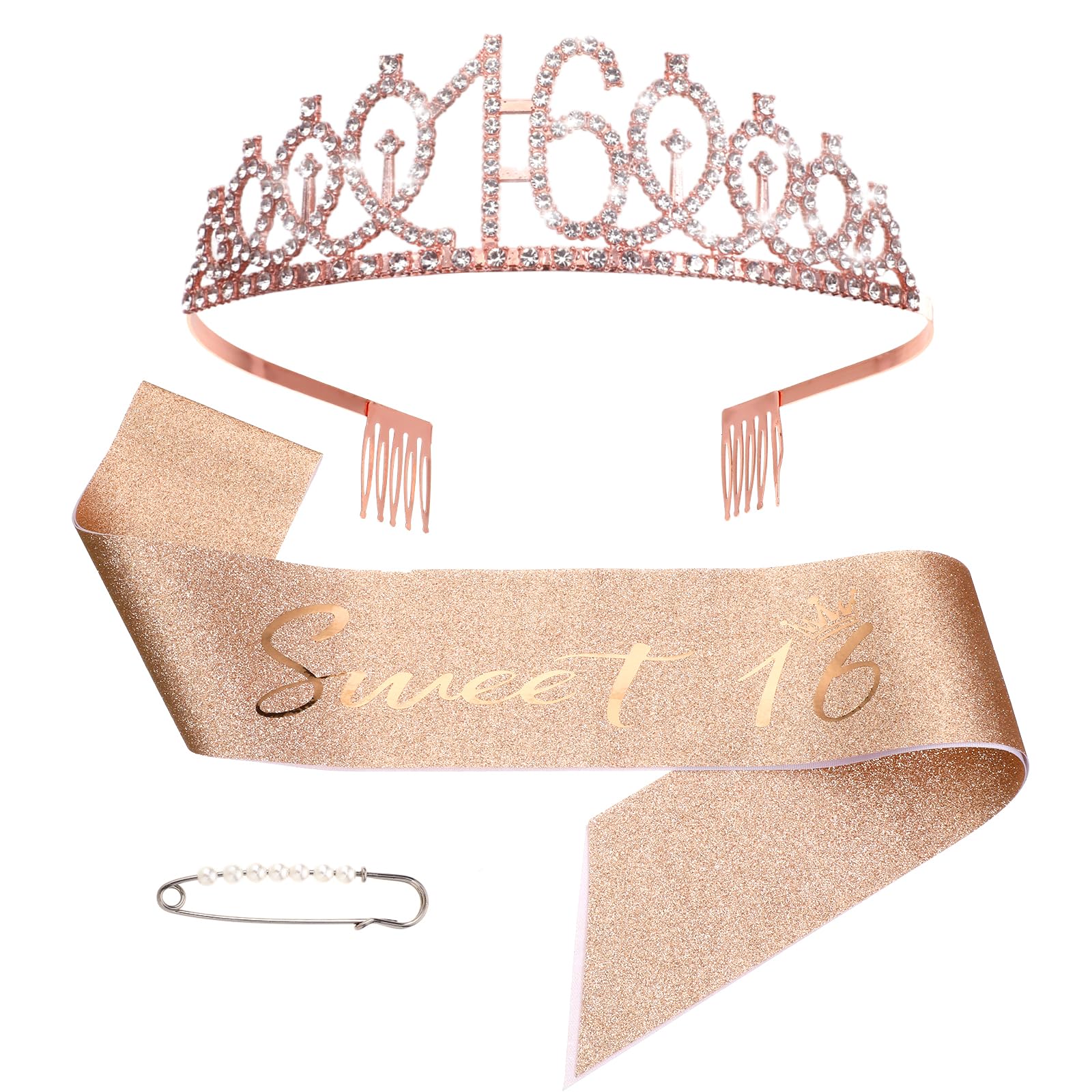 16th Birthday Decorations for Girls, 16th Birthday Gifts for Girls Including 16 th-Birthday Crown/Tiara＋Sash for Women＋Pearl Pin, 16th-Rhinestone Crown Kit (Rose Gold)