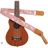 MUSIC FIRST Original Design Vintage &ldquo;Pink Sakura&rdquo; Soft Muslin &amp; Genuine Leather Ukulele Strap Ukulele Shoulder Strap With a MUSIC FIRST Genuine Leather Str. Locker