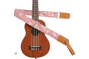 MUSIC FIRST Original Design Vintage “Pink Sakura” Soft Muslin & Genuine Leather Ukulele Strap Ukulele Shoulder Strap With a M