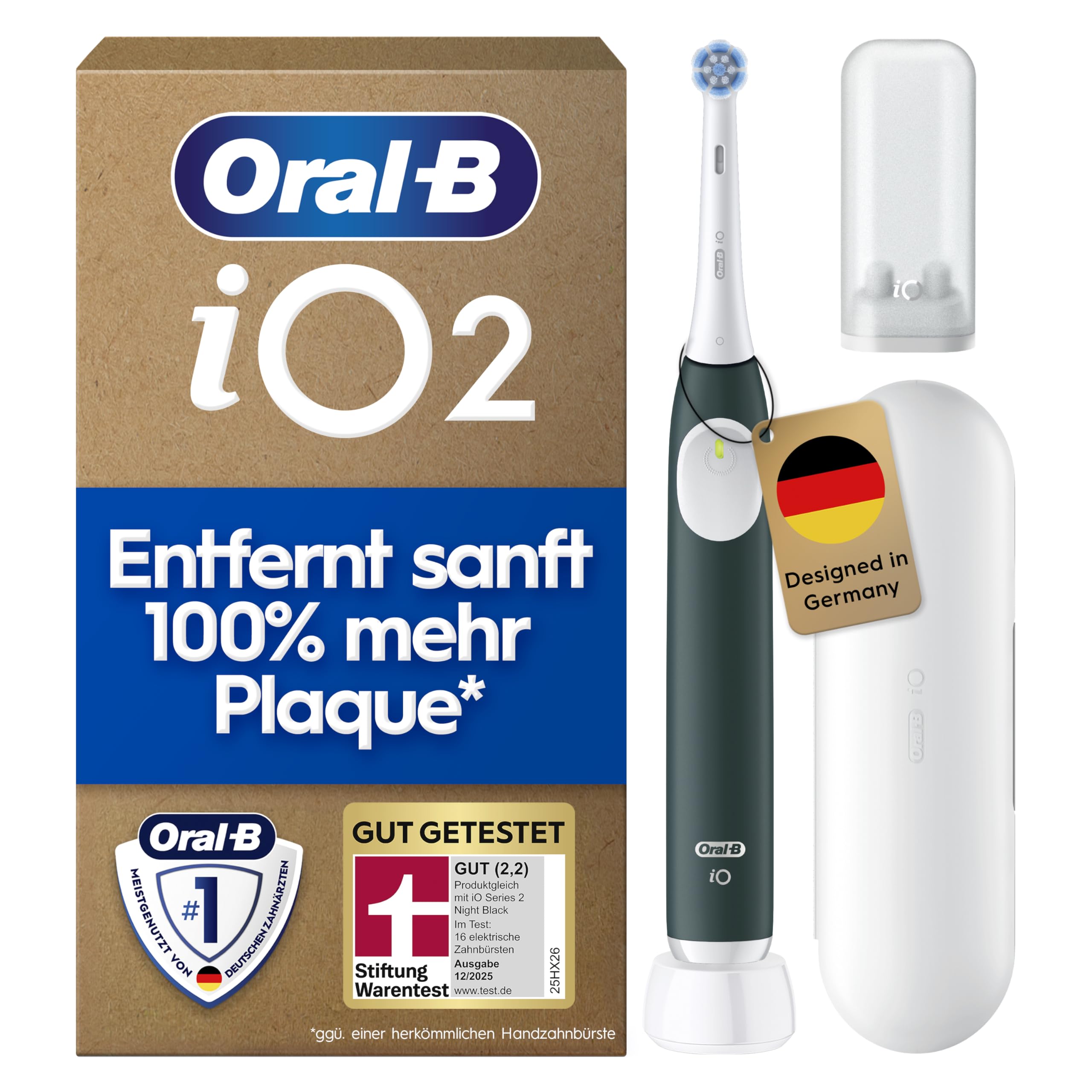 Oral-B iO Series 2 Elektrische Zahnbürste — Electric Toothbrush, Inkl. 1 Aufsteckbürste, Reise-Etui — 3 Putzmodi für Zahnpflege, GUT GETESTET (2,2) von STIFTUNG WARENTEST, Designed by Braun, Grün