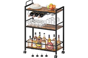 Homedawn Bar Cart, Serving Cart for Home, Microwave Cart, Drink Cart, Mobile Kitchen Shelf with Wine Rack and Glass Holder, Rolling Beverage Cart for Dining Room(Rustic Brown and Black)