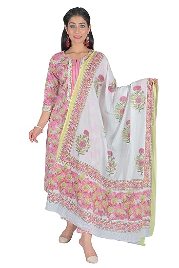 Amore Traders Hand Block Cotton Cmabric Kurta-Pant Dupatta Set with Lace Work and Hand Embroidery