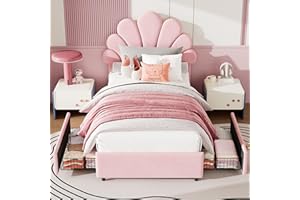 Garvee Twin Size Bed Frame for Kids, Cute Velvet Princess Platform Bed with Upholstered Headboard & 2 Storage Drawers, Solid 