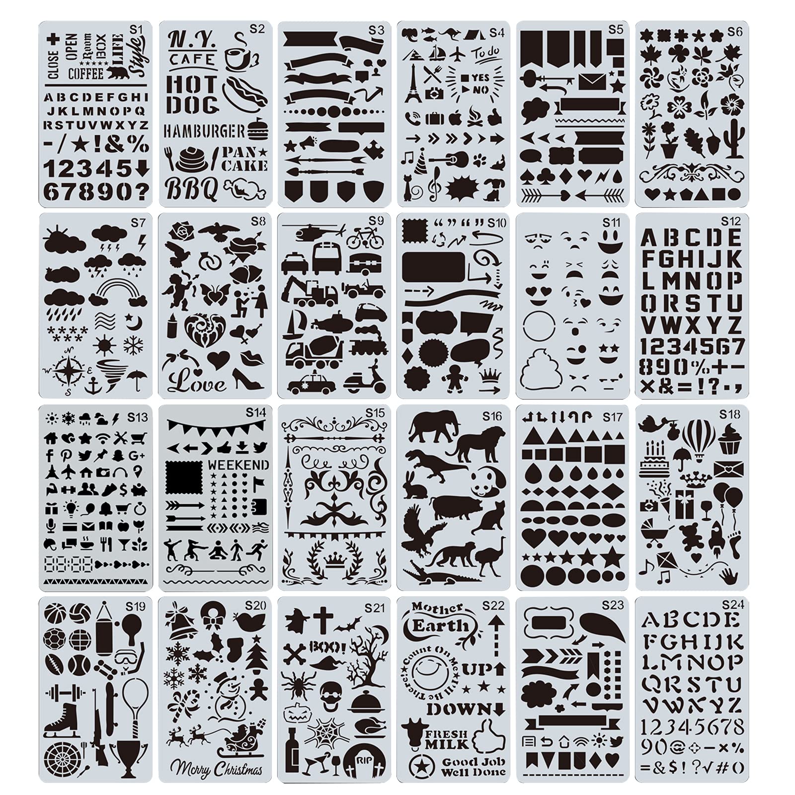 SHULLIN Pack of 24 drawing stencils, drawing stencils, pattern stencils, plastic with letters, number, reusable stencils set for notebook, diary, scrapbook, graffiti card, DIY projects