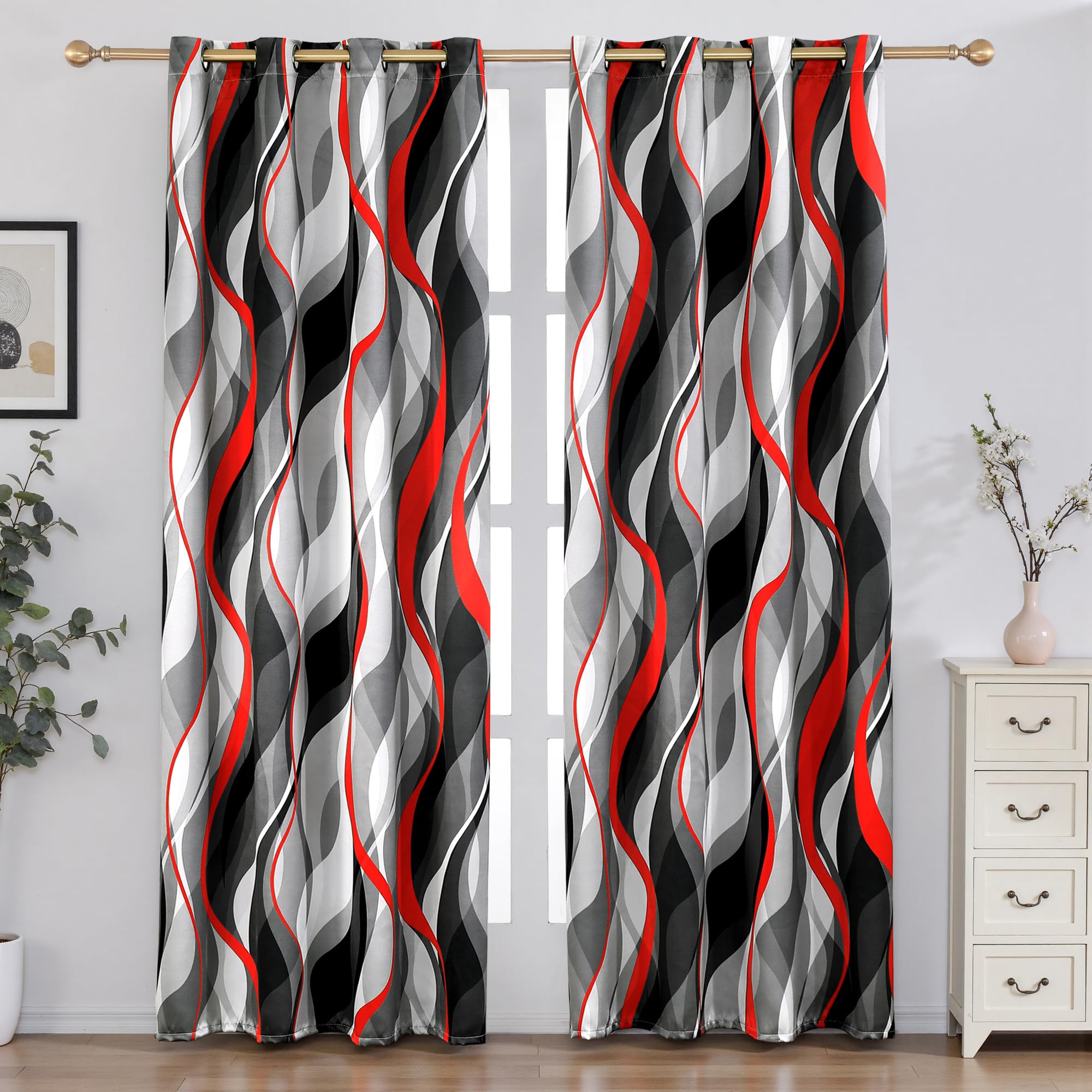 Photo 1 of weesire Red and Grey Blackout Curtains Modern Striped Decorative 100% Light Blocking Darkening Grommet Red Curtain for Living Room Villa, Bedroom Gray and Red 2 Panels Set, 52x84 Inches